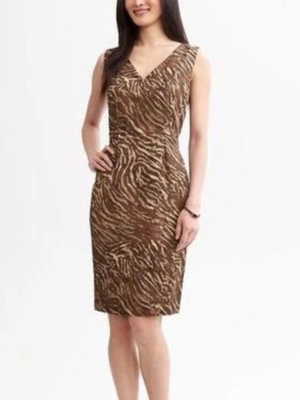 Banana Republic‎ Animal Print Sheath Dress Sz 0 Brown V-Neck Statement Office